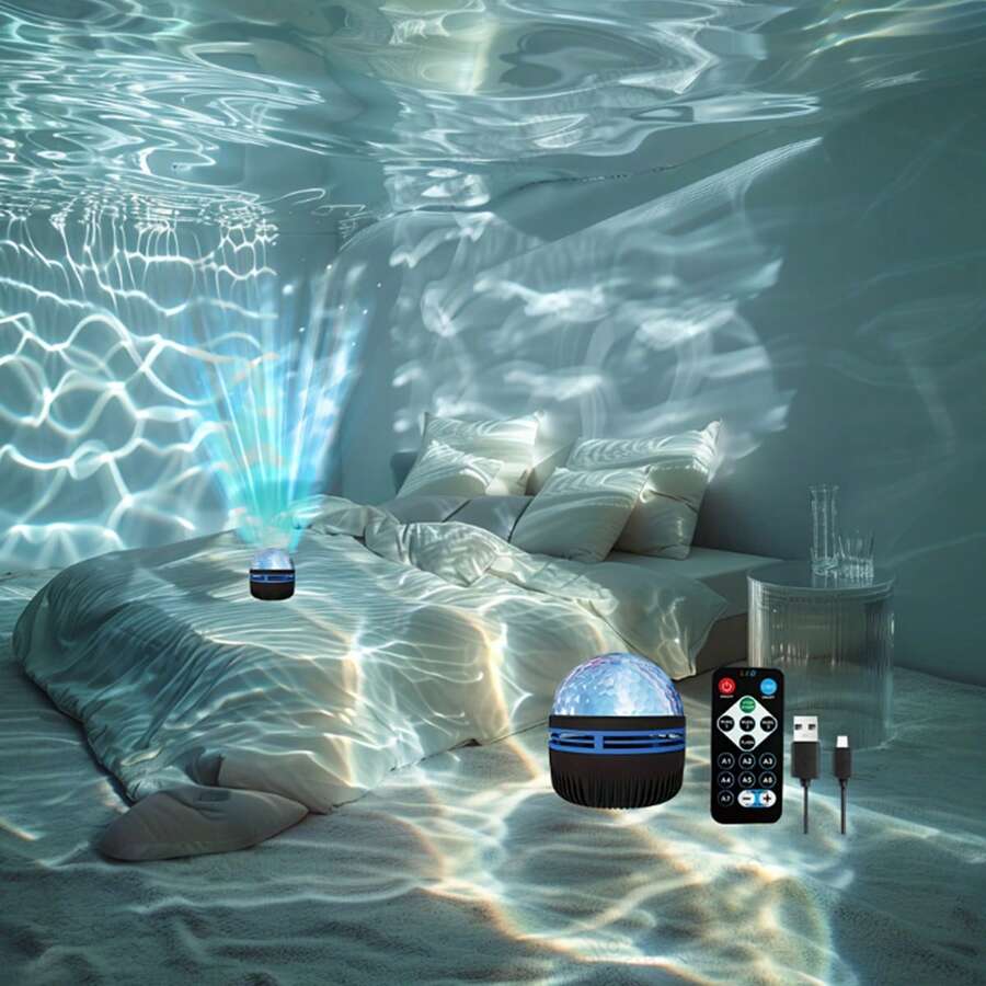 USB动态水波投影灯，带遥控器 - 绚丽RGB LED夜间投影，适用于家居装饰、娱乐和营造浪漫氛围，采用耐用ABS塑料材质，娱乐照明 - 适用于卧室、卧室装饰、客厅、派对装饰、生日装饰、派对用品
