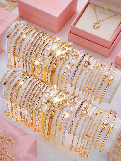 26-8件套复古优雅法式复古硬币风格金属多元素仿珍珠心形蝴蝶水晶无限符号8飞机链编织手链和手镯套装，Y2K时尚简约高端叠戴配饰，适合女性，度假，派对，约会，情人节，母亲节，周年纪念日礼物