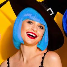 PLULON Sky Blue Bob Wig And Sunglass Set, Neon Short Bob Wig Sunglass Pack Costume Colorful Cosplay Wig Hairpieces For Bachelorette Neon Party Favors, Halloween Decorations - 彩色 - 查看 8