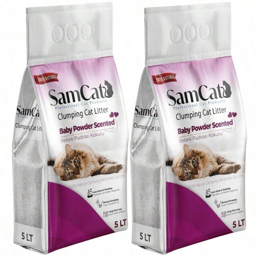 SamCat 10L (2x5L) Baby Powder Scented Clumping Cat Litter - Low Dust & Tracking, Strong Clumping, Long Term Use - g - View 1