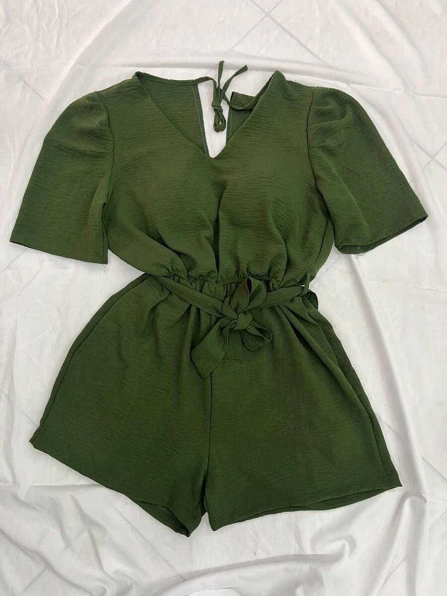 Women's Jumpsuit / V-Neck / Puff Sleeves / With Padded Cups / With Belt / Elastic Waistband / With Lining - Màu xanh lá cây đậm - Xem 1