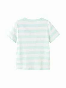 Balabala Young Boy Soft Fabric Cartoon Smiley Face Striped Print Round Neck Short Sleeve Casual T-Shirt, Loose Fit - White Green Tone - View 2