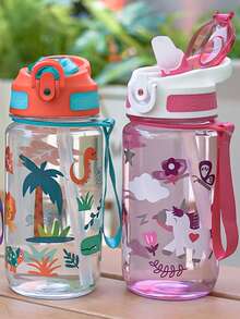 1个600毫升/19盎司卡通动物印花儿童吸管杯，小容量运动水壶，带吸管和提手，便携防漏，小巧耐用，配有腕带，适合玩耍、旅行、健身、上学、日常使用，也是生日和节日礼物的理想之选。