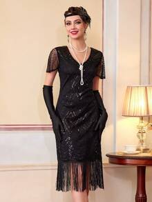 1920s Flapper Dress, Vintage Fringe Sequin Cocktail Dress With Accessories Set - Black - View 6