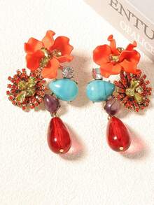 1 Pair Retro Exaggerated Versatile Resin Flower & Water Drop Long Dangle Earrings, Statement Piece - Waterdrop Resin Earrings - View 5