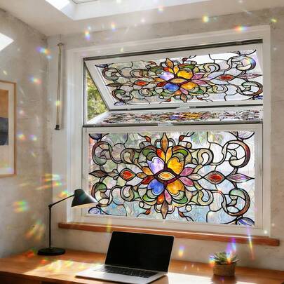 1 stuk statische raamfolie met glas-in-loodmotief, kolibrie, libelle, blauwe regen en bloemenpatroon, decoratieve sticker voor woonkamer, keuken, kantoor, schuifdeur, PVC, lijmvrij, privacyscherm, regenboogprisma, lente huisdecoratie
