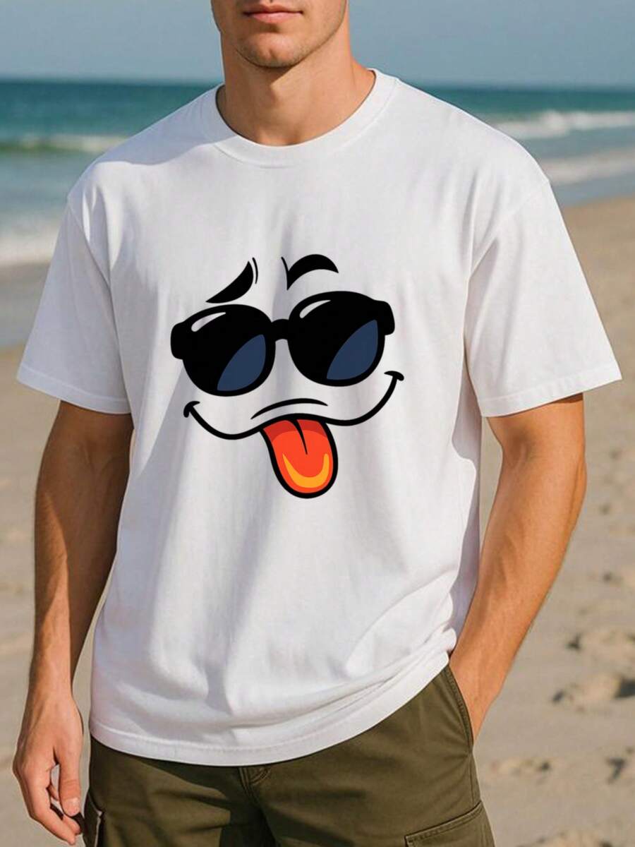 100% Algodón Puro 220g Camiseta para Hombres | Patrón Divertido de Cara con Gafas y Lengua Afuera | Cuello Redondo Manga Corta | Simple y Fashion | Ropa Casual Versátil VTVV - Foto-1 - Ver 1