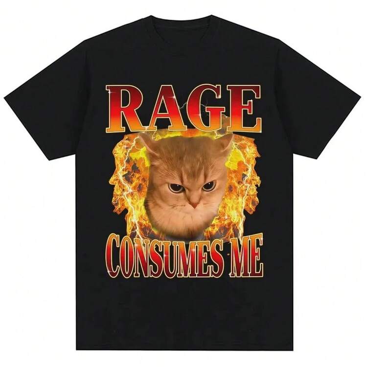 Camiseta de gato divertido RAGE CONSUMES ME, camiseta gráfica de gatito enojado con efecto de fuego, top negro para hombres y mujeres, regalo de humor - Negro - Añade 10