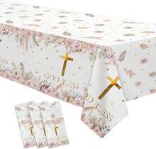 FVABO Boho God Bless Baptism Drations Tablecloth, 3pcs Disposable Pampas Gr First Communion Drations Party Supplies Tablver, 86in X 55in - 杏色 - 查看 1