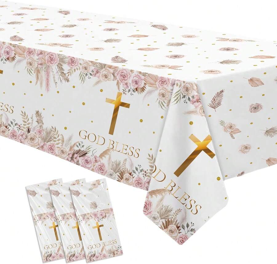 FVABO Boho God Bless Baptism Drations Tablecloth, 3pcs Disposable Pampas Gr First Communion Drations Party Supplies Tablver, 86in X 55in - 杏色 - 查看 1