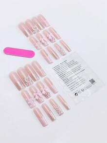 24片方形/法式美甲贴纸，饰有3D粉色蝴蝶结和珍珠爱心，配有果冻凝胶和粘合条，适用于可重复使用的凝胶美甲，提升日常美甲造型。 - 彩色 - 查看 2