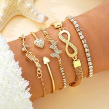 Set Of 6 Gold Bracelets With Rhinestones, Heart, Butterfly, Infinity Details, Women's Fashion - Vàng - Xem 1
