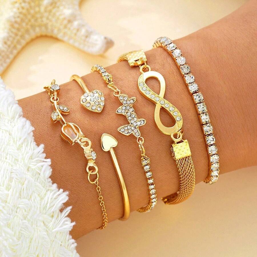 Set Of 6 Gold Bracelets With Rhinestones, Heart, Butterfly, Infinity Details, Women's Fashion - Vàng - Xem 1