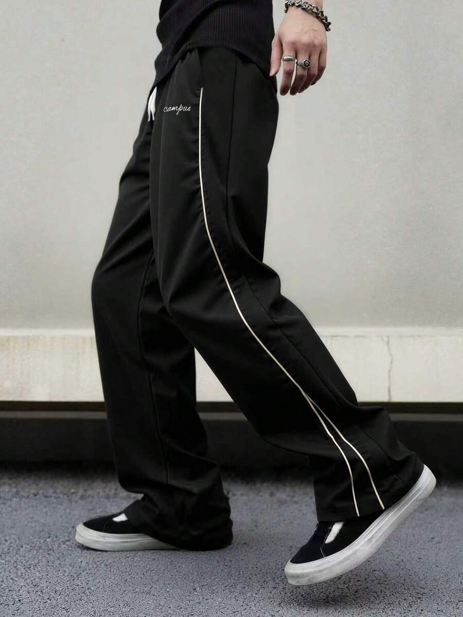 Men's Casual Sports Pants, Business Formal Straight-Leg Trousers, Drawstring Waist, Pockets, Minimalist Solid Color Design, Comfortable Breathable Fabric, Suitable For Outdoor Activities - Black - View 1