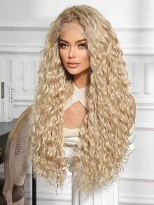 28英寸长渐变金色小到中卷多层次发型合成假发，外观自然，蕾丝前假发，13*4手工编织蕾丝，化纤发丝，日常佩戴，进口丝绸，适合派对、婚礼、音乐节、万圣节等场合，可作礼物。 - 彩色 - 查看 5