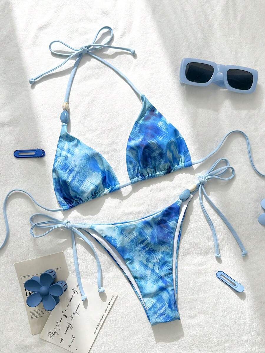 Bộ bikini hai mảnh gợi cảm, tối giản, thanh lịch, thường ngày, lãng mạn, thích hợp cho kỳ nghỉ, du lịch biển, tiệc tùng, in họa tiết toàn thân, đính hạt cườm, kiểu buộc dây cổ, dành cho nữ. - Màu xanh lam - Xem 1