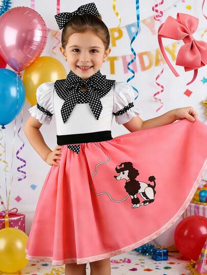 1950s Girls Poodle Costume Kids Outfit Party Dress Up With Scarf Headband