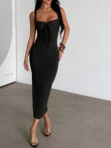 Onicee 夏季连衣裙，黑色蕾丝拼接吊带开衩优雅连衣裙，适合情人节、约会、聚会、派对、旅行、度假、海滩等场合。 - 黑色 - 查看 3