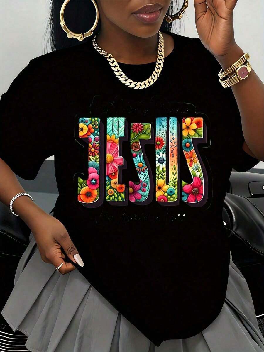 Camiseta de tipografía floral de Jesús, diseño de fe cristiana con versículo bíblico negro para el culto en la iglesia y uso diario, envío nacional para mujeres, blusas para mujeres de manga larga - Negro - Ver 1