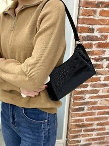 Solid Color Embossed Geometric Shoulder Bag With Zipper, Women's Shoulder Bag, Fashion Retro Zipper Bag, Casual Waterproof Handbag For Teen Girls, Women, College Students, Rookies & White-Collar Workers. Perfect For Office, Work, Business, Commute. Best Work Bag For Women., Retro Inspired Bag For Women - 黑色 - 查看 4