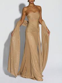 两件套优雅成熟浪漫性感网纱不对称/不对称网纱拼接系带透视扭结女士派对礼服，适合鸡尾酒会、婚礼、生日派对、周年纪念、毕业派对、音乐节、约会之夜、舞会、正式晚宴、毕业舞会、舞台和音乐会等场合，春夏秋季皆宜。香槟色闪亮网纱拼接半透明优雅知性奢华女士抹胸紧身连衣裙+围巾配饰，适合情人节、狂欢节、妇女节、斋月、开斋节等场合。 - 香檳色 - 查看 6