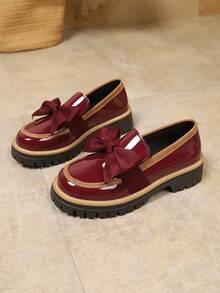 2026 New Women's Thick Sole Slip-On Loafers, Bow Decor Retro Round Toe Shoes, Commuting Versatile Solid Color Mary Jane Burgundy Leather Shoes, Collegiate Chic Elegant Casual Slip-On Shoes - Burgundy - View 4