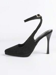 Women's Pointed Toe Thick Sole Backless Sandals With Metal Buckle, Elegant High Heels, Basic Style For Summer & Autumn - Black - View 6