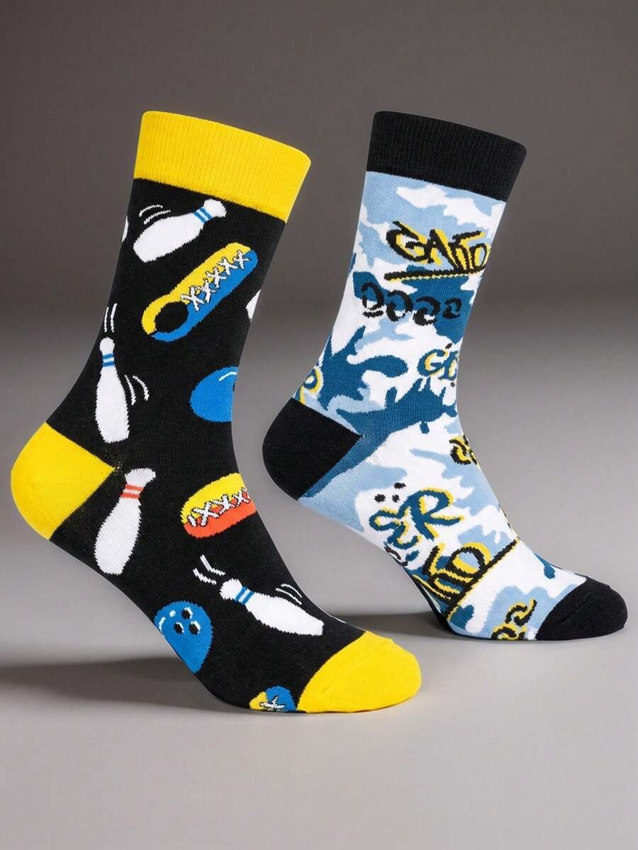 1 Pair Of Unisex Bowling-Themed AB Crew Socks - Asymmetric Design (Bowling Pattern & Graffiti Style), Stylish Black/Yellow/Blue Color Scheme, Fun Novelty Socks For Daily Leisure & Sports Gatherings, Ideal Gift For Bowling Enthusiasts, Year-Round Fashion Socks - Multicolor - View 1