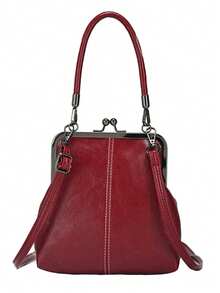 复古仿皮斜挎包，女士复古风吻锁迷你手提包，配有可调节肩带，纯色轻便都市手提包，涤纶内衬，情侣礼物，新年礼物 - 酒紅色 - 查看 8