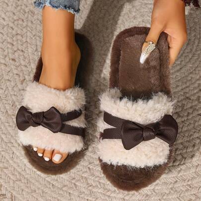 כפכפים חדשים לנשים, פרווה דמוית ארנבת רקומה פרחונית לבית, כפכפים חמים לנשים, סתיו/חורף