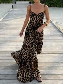 Women's Leopard Print Sleeveless Backless High Waist Dress, Elegant Woven Fabric, Summer - Brown - View 6