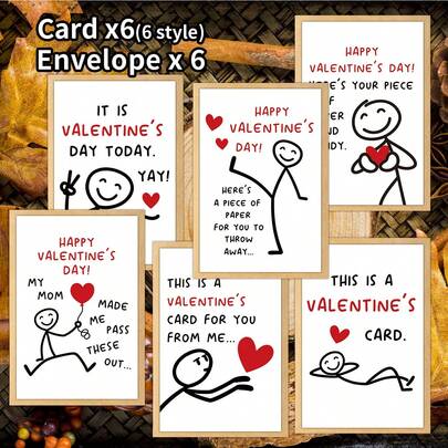 Bộ 6 thiệp chúc mừng Ngày Valentine hình người que ngộ nghĩnh kèm phong bì, thiệp chúc mừng Ngày Valentine hạnh phúc, thiệp nhắn nhủ yêu thương dành cho chồng, vợ, bạn gái, bạn trai, ý tưởng quà tặng độc đáo.