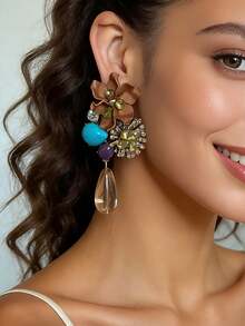 1 Pair Retro Exaggerated Versatile Resin Flower & Water Drop Long Dangle Earrings, Statement Piece - Waterdrop Resin Earrings - View 3