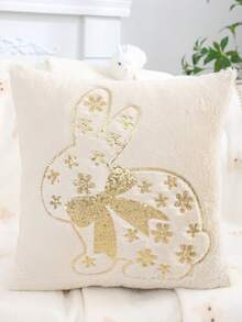 1pc/2pcs Easter Decorative Pillow Cover, Rabbit Design With Gold Sequins Embroidery And Bow, Plush, For Living Room Sofa, Holiday Gift, Spring/Summer - Champagne - View 1