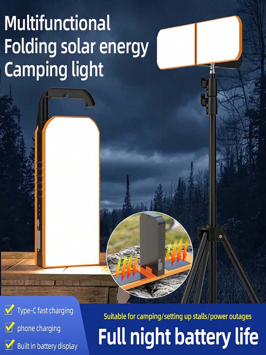 Multifunctional Foldable Solar Camping Light - Supports Type-C Charging, Power Bank Function, With Hook, Battery Indicator, Portable No-Stand Lamp, Suitable For Outdoor Camping And Emergency Lighting - Orange - View 1