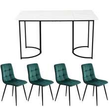 Dining Set (5 Pieces), Table And 4 Chairs, Modern Kitchen Set, 140*80cm Kitchen Table With Gold Metal Legs, White MDF Top, Dark Green Velvet Dining Chairs - Black and White - View 4