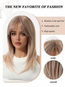 16英寸棕金色渐变短假发，女士自然逼真合成假发，适合派对和日常佩戴 - 漸變金色 - 查看 9