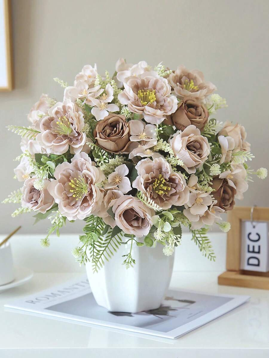 1支/3支粉色人造绣球花假牡丹丝绸花玫瑰花束，适用于家居婚礼新娘捧花装饰，假玫瑰花束丝绸雏菊蒲公英散装，适用于婚礼家居派对装饰餐桌摆件 - 咖啡色 - 查看 1