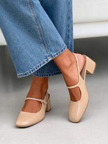 Women's Mary Jane Low Chunky Heels Slingback Closed Square Toe Dress Shoes Elegant Wedding Party Work Office Pumps Shoes - Màu be - Xem 4