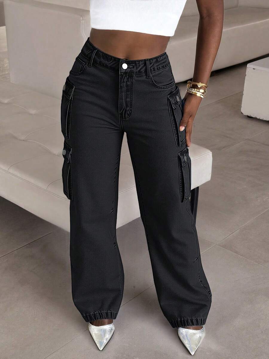Damen High-Waist Straight Leg Jeans mit Taschen - klassisch Washed, bequeme Passform für den Alltag - Schwarz - Übersicht 1