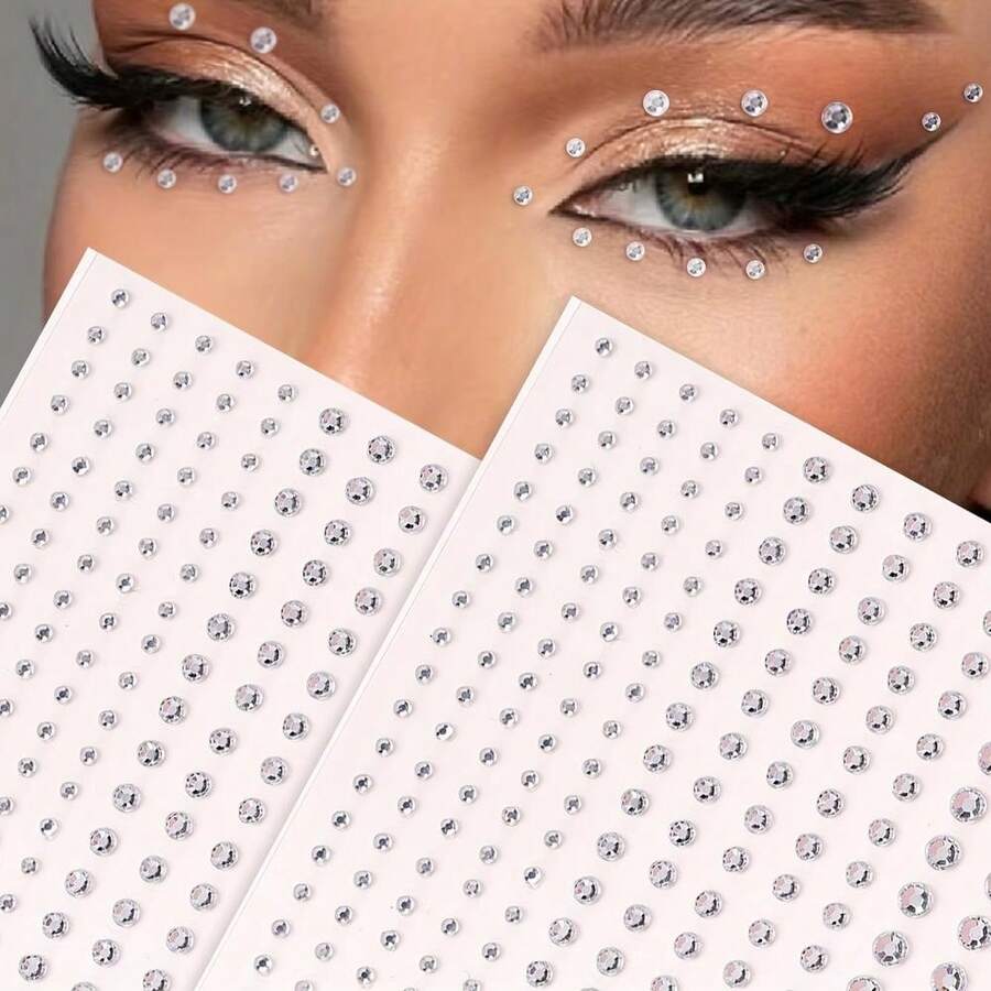 2pcs 3D Imitation Silvery Rhinestone Eye & Face Decals, Oblong Shaped, DIY Festive Y2K Makeup Party Eye & Face Decor Stickers - 彩色 - 查看 1
