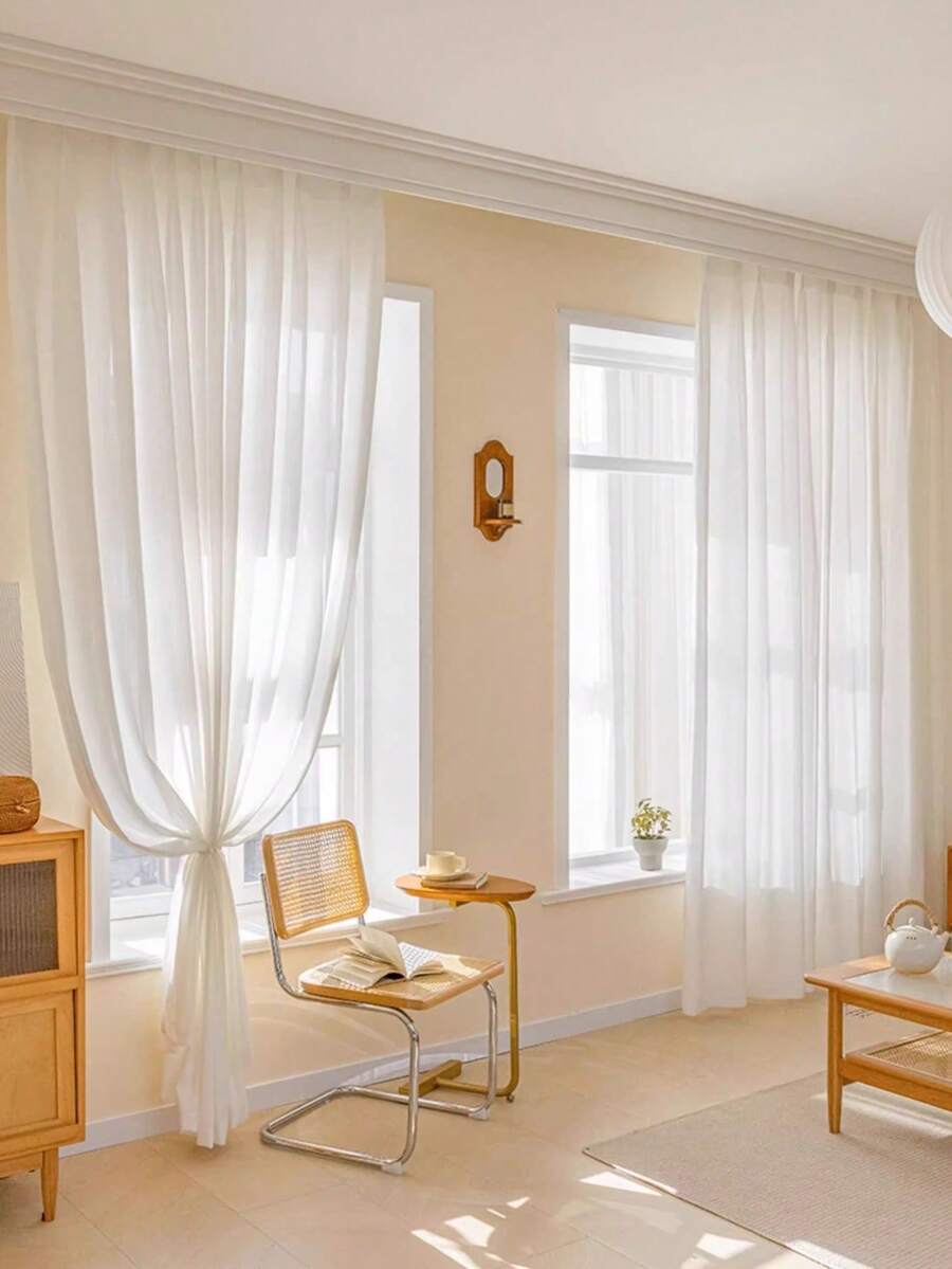 1pc Translucent Curtain With Rod Pocket, Heat Insulation & UV Protection For Bedroom, Balcony, Living Room - White - View 1