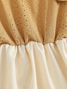 Girls' Elegant Summer Dress, Round Neck Puff Sleeve, 2 In 1 Splicing, Teardrop & Irregular Hem Design, Casual Sweet Fashion Girl Dress, Suitable For Daily, Party, Gathering - Khaki - View 5