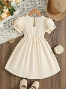 Girls' Elegant Summer Dress, Round Neck Puff Sleeve, 2 In 1 Splicing, Teardrop & Irregular Hem Design, Casual Sweet Fashion Girl Dress, Suitable For Daily, Party, Gathering - Khaki - View 2