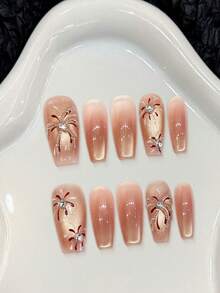 10PCS Pink Gradient Fake Nails With Cat Eyes Design And Rhinestone Decor For Party Wedding Festival Nail Supplies - Multicolor - View 1