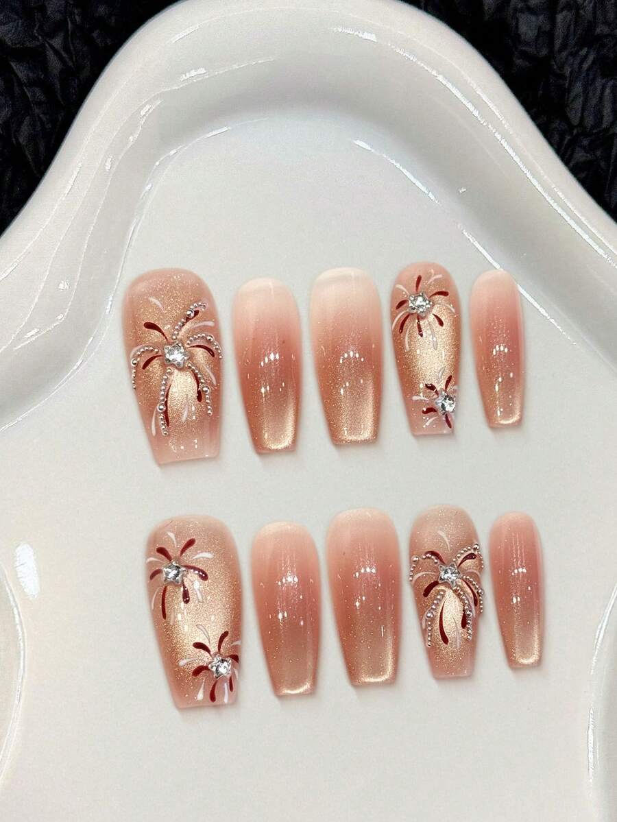 10PCS Pink Gradient Fake Nails With Cat Eyes Design And Rhinestone Decor For Party Wedding Festival Nail Supplies - Multicolor - View 1