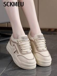 SCKMEU. 1 Pair 2026 New Fashionable Thick-Soled Lightweight & Comfortable/Classic Colorblock Design Casual Sneakers For Women - Khaki - View 13