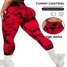 Plus Size Women's Silky Seamless Quick-Drying Sports Leggings With Compression & Stretch Tech, Skin-Friendly Fabric, Ideal For Gym Workouts, Yoga, Or Daily Wear, 2-Pack (Black & Red Marble Print) - 黑色+紅色 - 查看 5