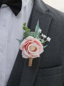 1支/6支装优雅订婚粉色亚伦玫瑰花配仿真绿植高端胸花，适用于新郎、新娘、伴郎、伴娘、婚礼、订婚、情人节、正式场合