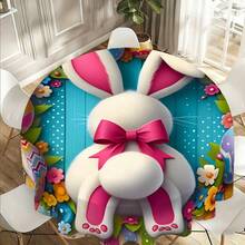 1pc Easter Bunny Silhouette Round Tablecloth, Spring Family Gathering Easy Clean Home Decor Round Table Cover, Spring Creative Gift, Suitable For Daily Dining Room And Living Room Decor, Easter Holiday, Outdoor Picnic - 100% Polyester Dust Cover - Multicolor - View 2